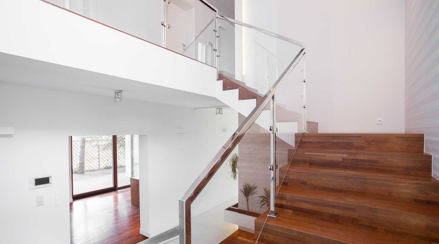 An image of glass railing in a house.