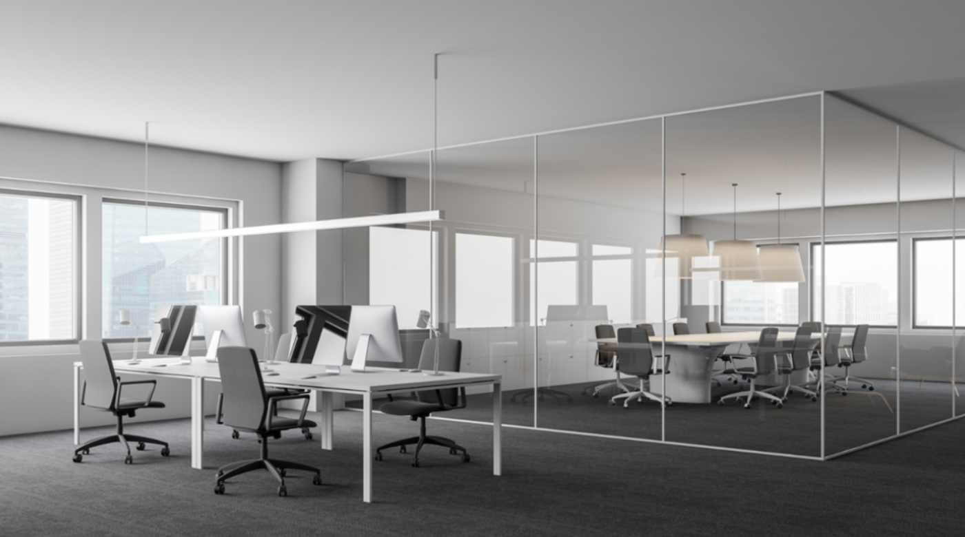 An office building with a glass partition is in view.