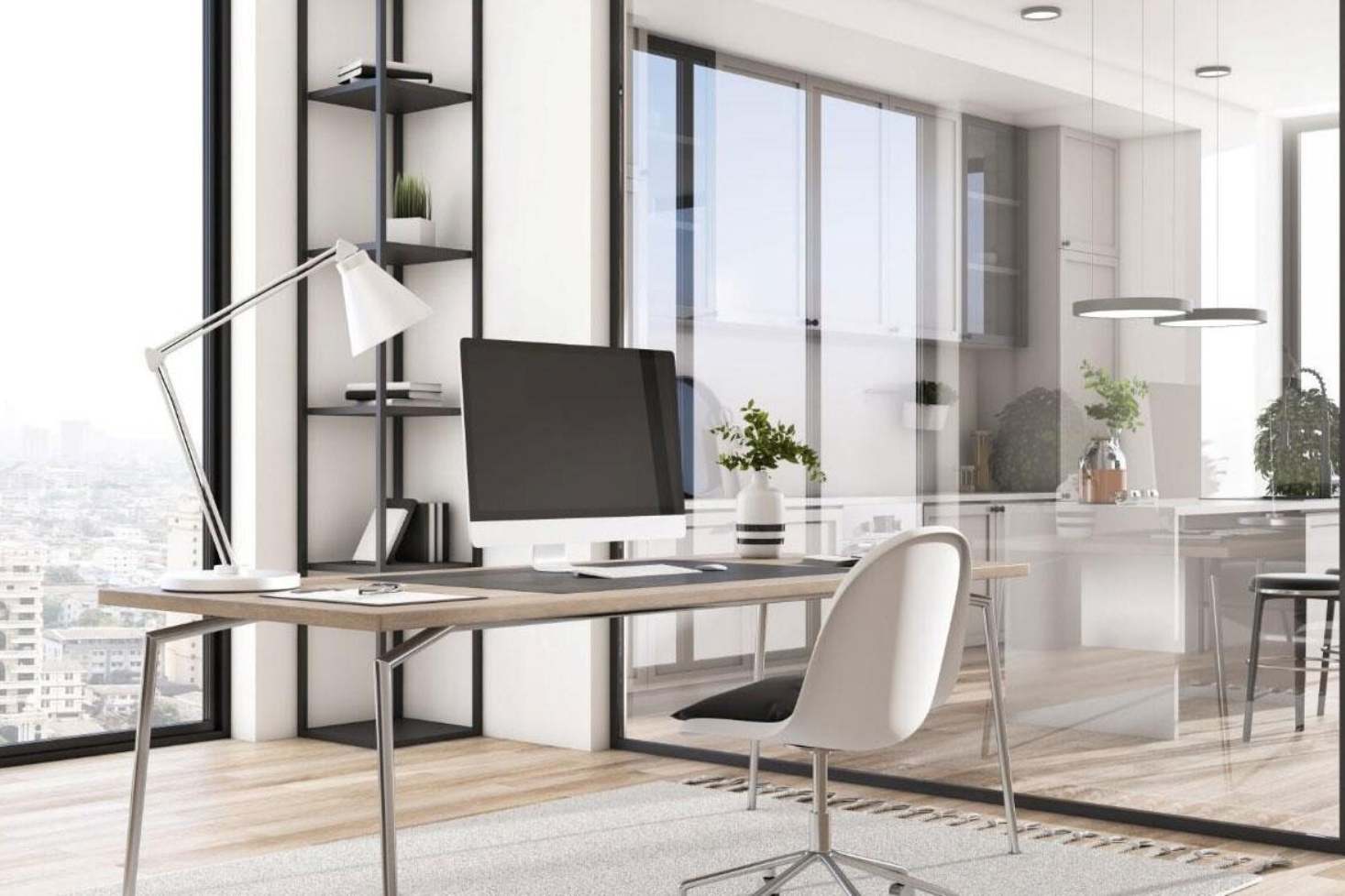 Modern office interior with tinted glass partitions and natural light in workspace